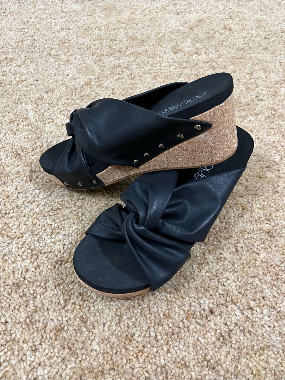 Boutique by Corky Black Knot-Front Stud Cork Wedge Sandals Size 11